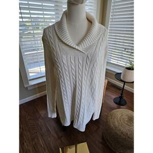 L.L Bean Shawl Neck Fisherman Cable-Knit Sweater Women's Size L Ivory
